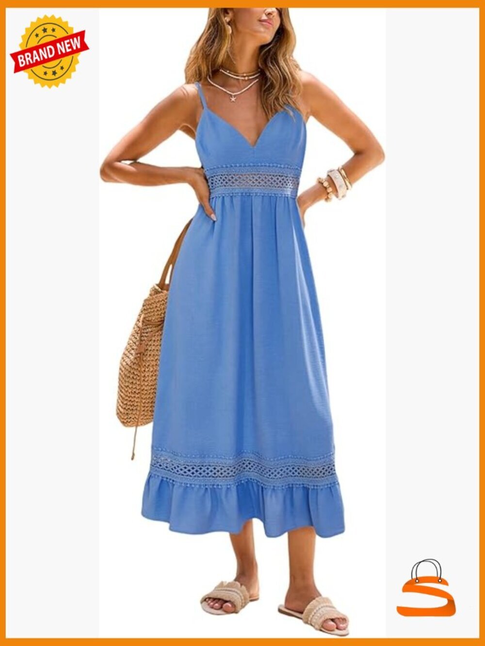Boho V Neck Lace Trim Tiered Eyelet Beach Vacation Flowy Maxi Dress